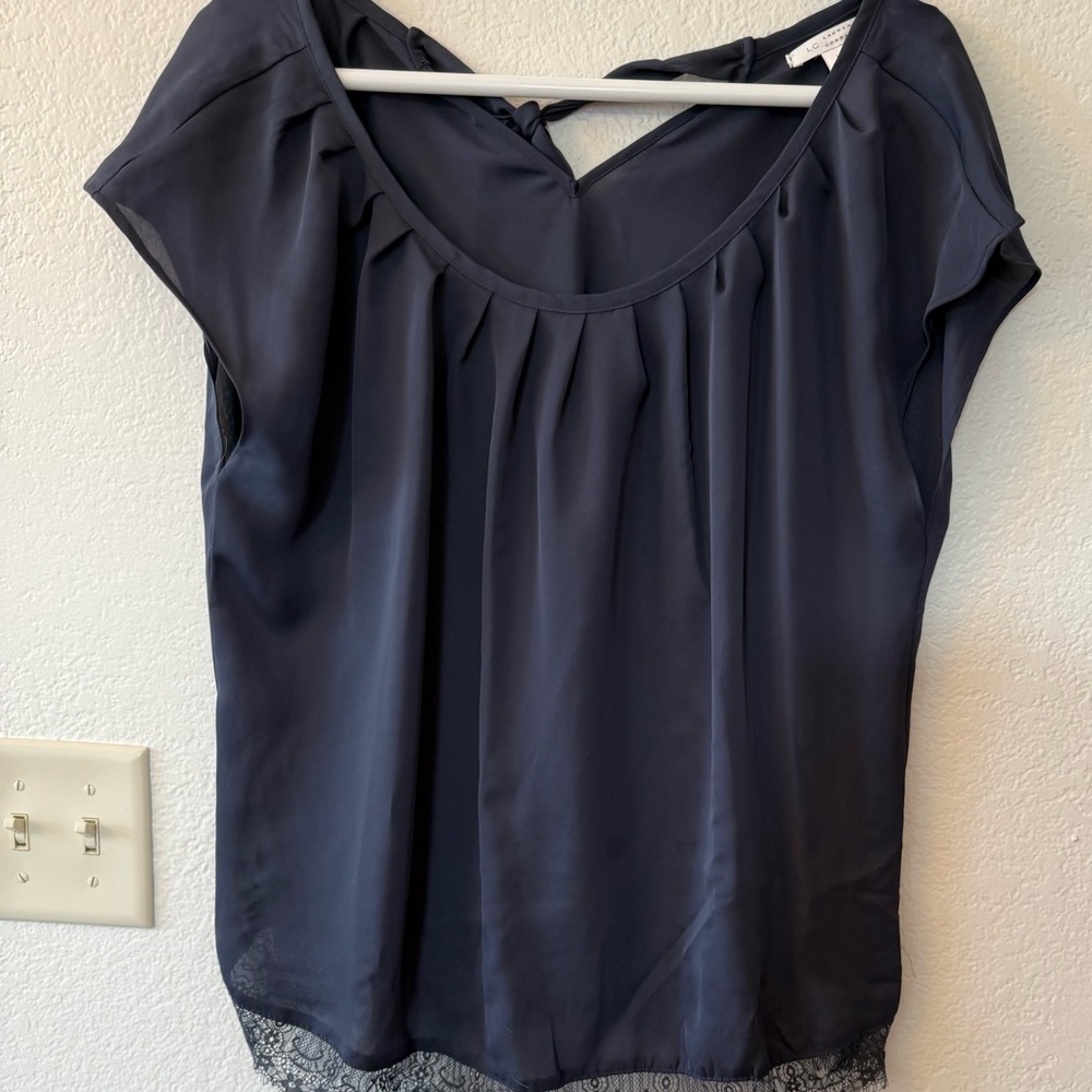LC Lauren Conrad Navy Blouse with Lace Hem - tie bow at back neck